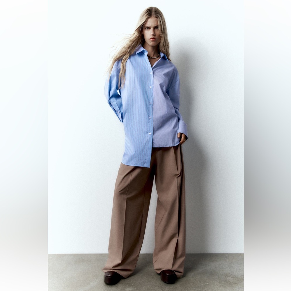 NWT ZARA ASYMMETRICAL BLUE TWO TONE STRIPE BUTTON DOWN SHIRT M